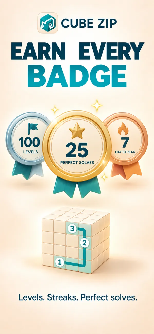 Cube Zip badges for levels, perfect solves and day streaks
