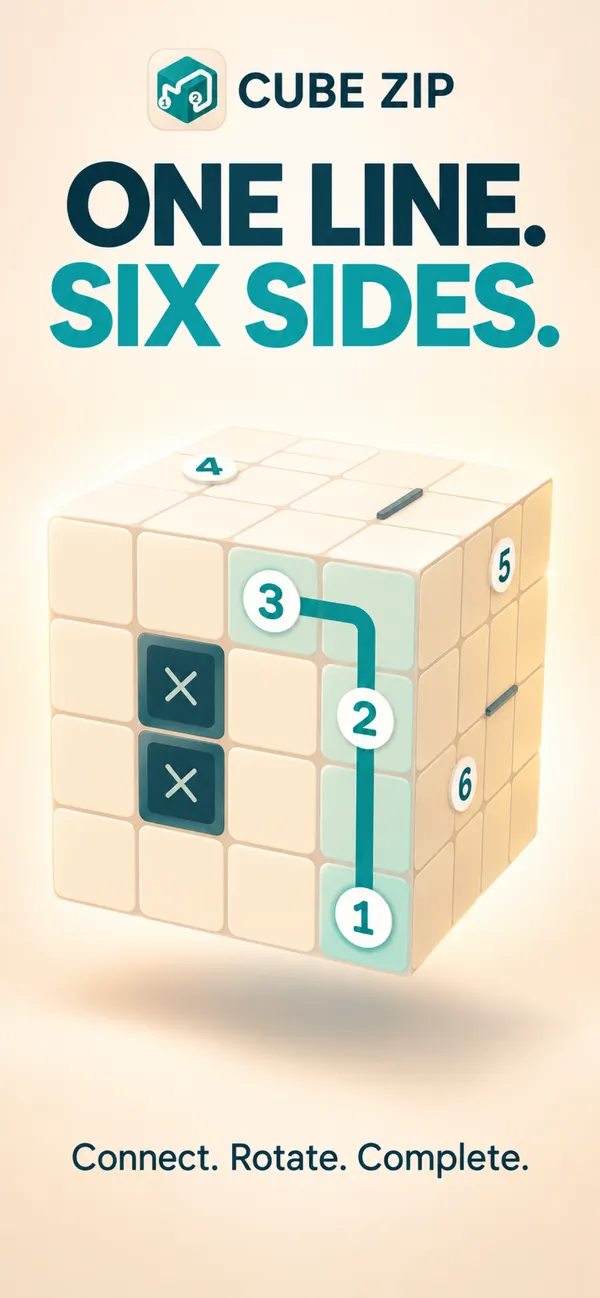 Cube Zip: one line drawn from 1 to 3 across the faces of a 3D cube, with two × tiles